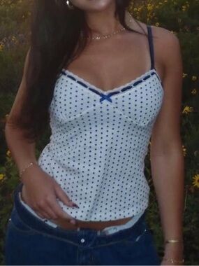 VS Pink Frankie’s Bikini White & Navy Polka Dot Cami Tank Top XS NWT